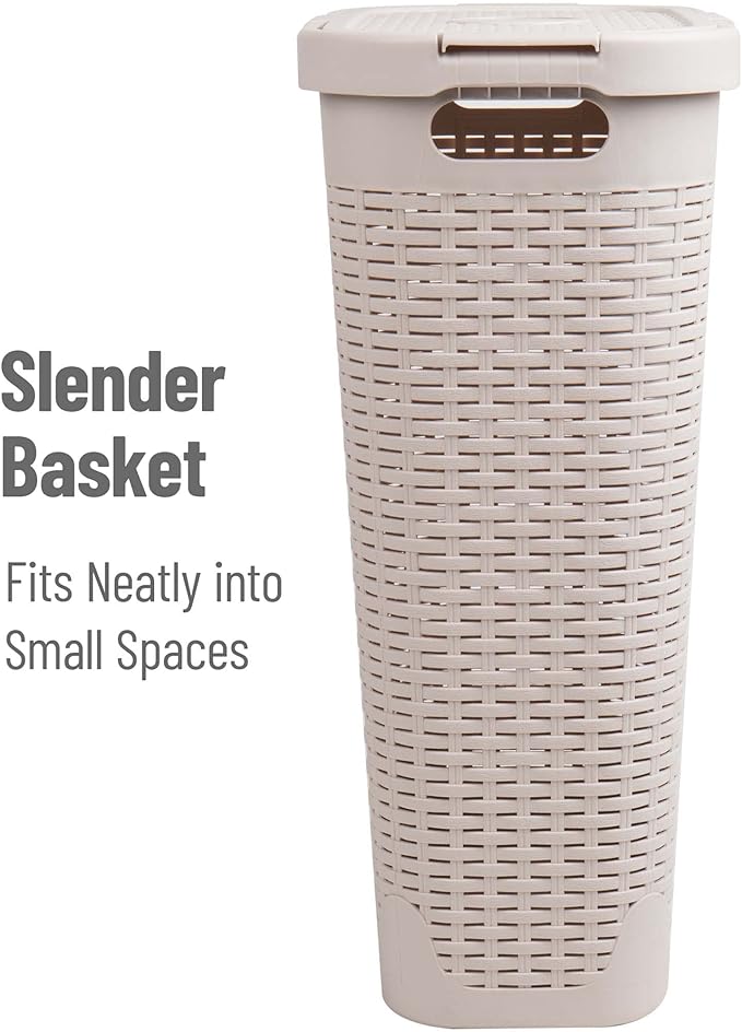 Mind Reader Slim Laundry Hamper with Lid, 40L Clothes Basket, Premium Wicker Design, Plastic, Set of 2, Ivory