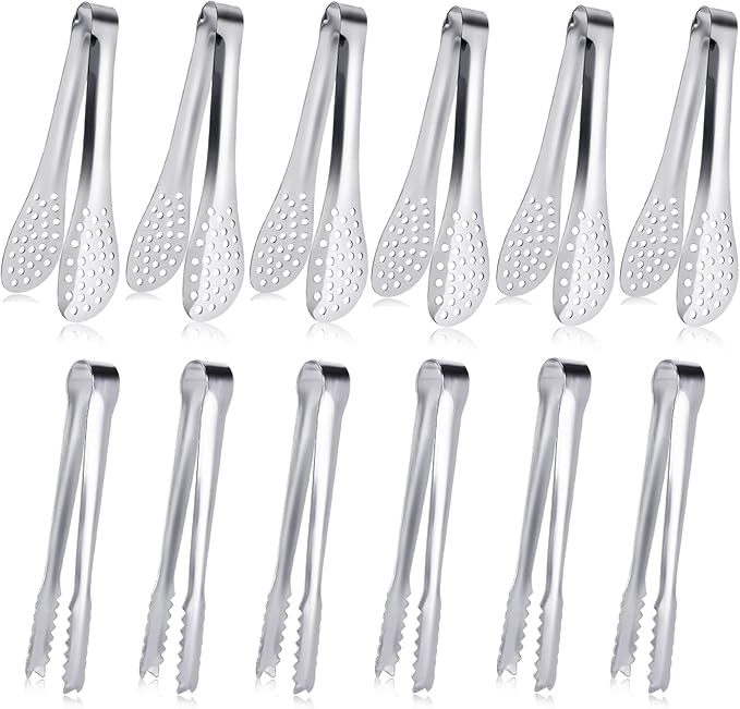 JCREN 12 Pack Mini Tongs - Small Stainless Steel Food Tongs for Serving Appetizers, Tea Party, Coffee, Desserts - 5 inch - Gold