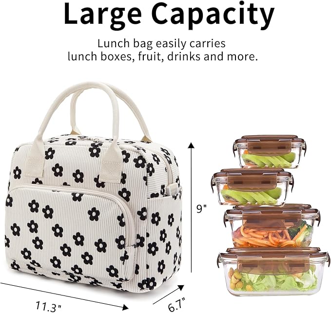Lunch Bag Women Lunch Box for Women Adult Cute Insulated Lunch Bag Lager Cooler Lunch Tote Bags for Work Picnic (Beige-Flower)