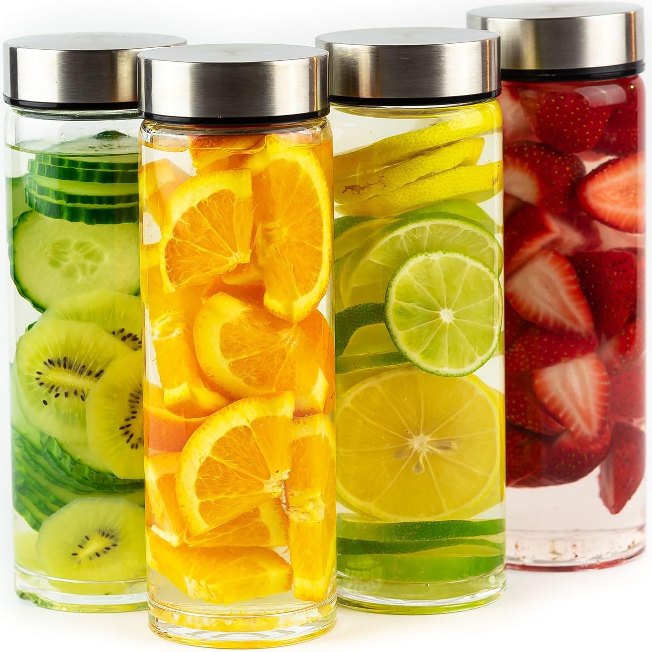 16oz Juice Bottles, Wide Mouth Glass Water Bottles & Stainless Steel Lids