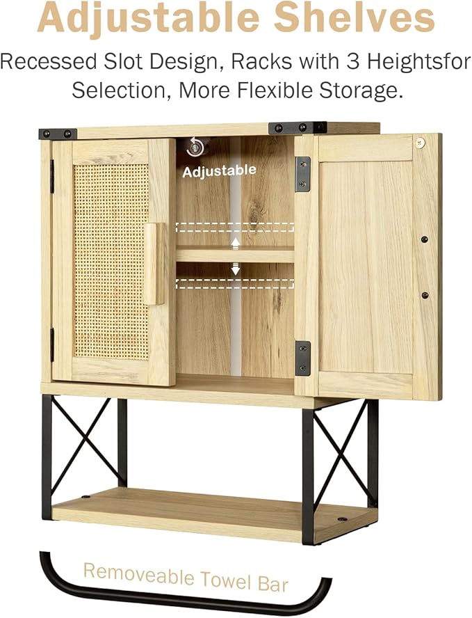 RUSTOWN Farmhouse Rustic Medicine Cabinet with Two Barn Door, Boho Wood Wall Mounted Storage Cabinet with Adjustable Shelf and Towel Bar, 3-Tier Cabinet for Bathroom, Living Room(Rattan)