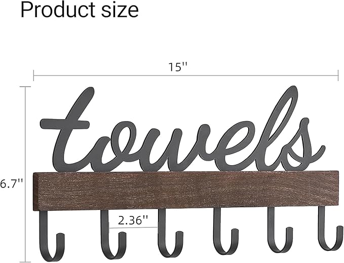 Dahey Small Towel Rack with 6 Hooks, Towel Holder Wall Mount Bathroom Organizer Rustic Farmhouse Home Decor Hanger Storage Hooks for Towel, Robe, Bag, 15" L X 6.7" H, Brown