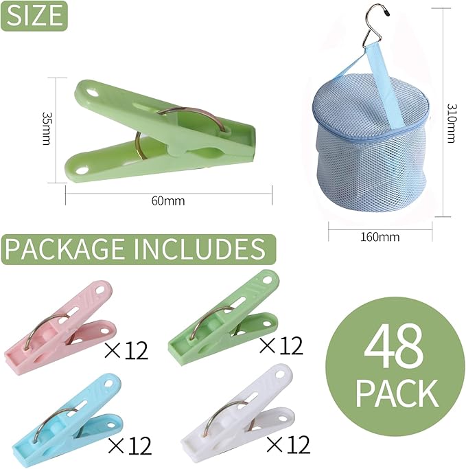 48 Pack Plastic Clothes Pins Heavy Duty Outdoor for Hanging Clothes, Colored Clothespins Clips with Springs Clothes Drying Line Pegs with Mesh Clothes pin Bag，Crafts Picture Clips Food Package Clips