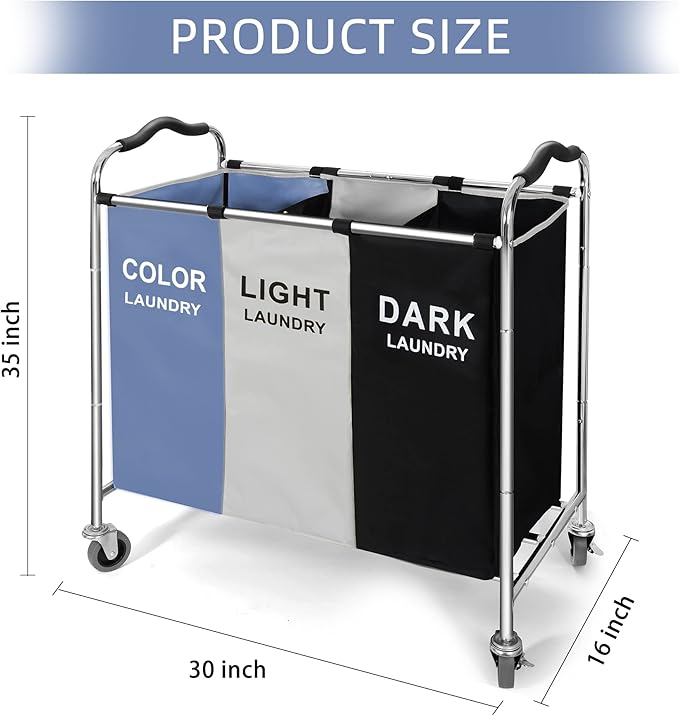 Laundry Basket, Large Laundry Hamper with Wheels, 3 Section Laundry Bag Organizer for Dirty Clothes; Dorm Room Essentials, Towel & Toys Storage Laundry Cart in Laundry Room Organization -BLUE