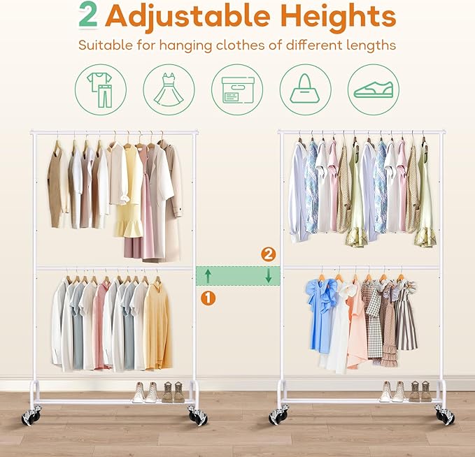 SLEEPING LAMB Double Rod Heavy Duty Clothes Racks for Hanging Clothes, Metal Rolling Garment Rack With Wheels Clothes Hanger Rack Wardrobe Racking for Coats, Shirts (White)