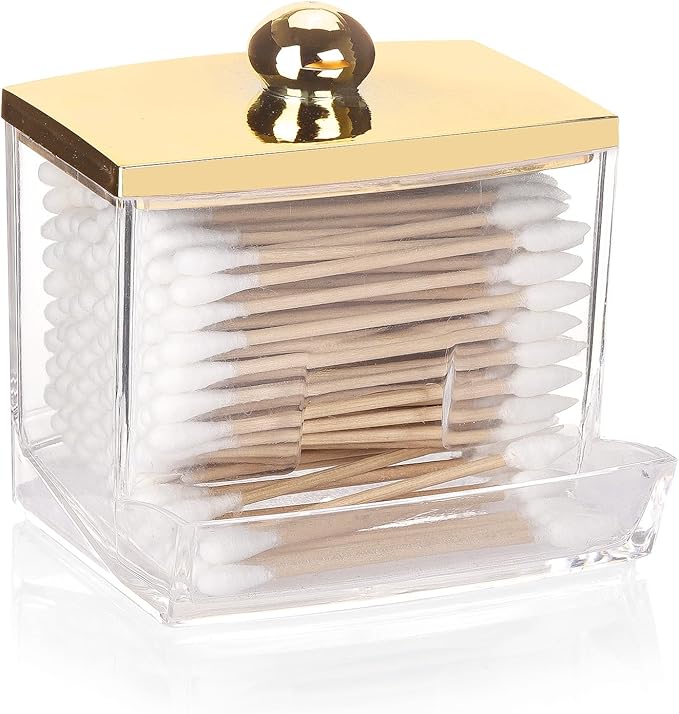 Tbestmax Qtip Holder Dispenser Clear Bathroom Organizer Accessories Decor for Storage-Qtips Cotton Ball Holder - Gold