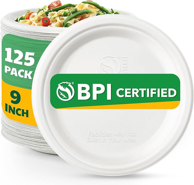 Joyborn Heavy Duty Compostable Paper Plates 9 Inch, Natural, 125 Pack