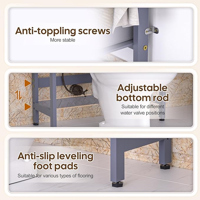 Over The Toilet Storage with 2 Baskets, 4-Tier Bamboo Organizer Rack with Paper Holder & 4 Hooks & Waterproof Feet Pad,Freestanding Shelf for Bathroom(Grey)