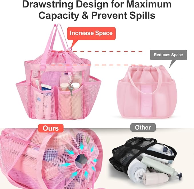 F-color Mesh Shower Caddy Portable with Drawstring - Large 8 Pockets Dorm Room Essentials for Guys Girls with S Hook, Shower Bag Basket Tote for College Camping Gym Travel Toiletry Bathroom, Pink