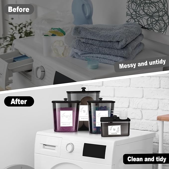 4 Pack Laundry Detergent Containers & Dryer Sheet Holder with Black Lids, Scoops & Labels - Plastic Laundry Organizer and Storage Jars for Pods, Detergent, Scent Booster