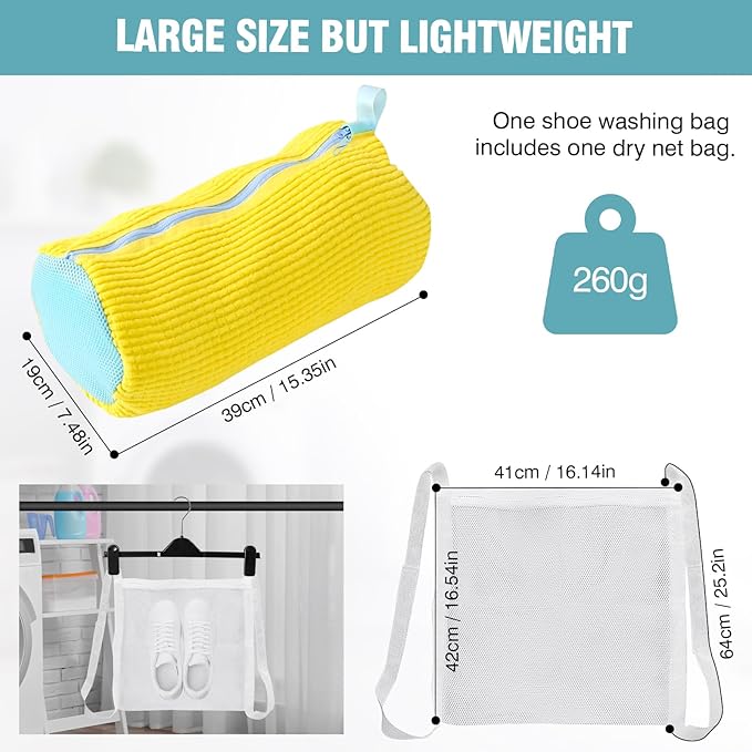 Shoe Washing Machine Bag, Shoe Laundry Bag for Washer and Dryer, Include Dry Net Bag, Reusable and Durable Zipper with Hook Design, Shoe Washing Bag for Sneaker (Yellow, 1 Pack)