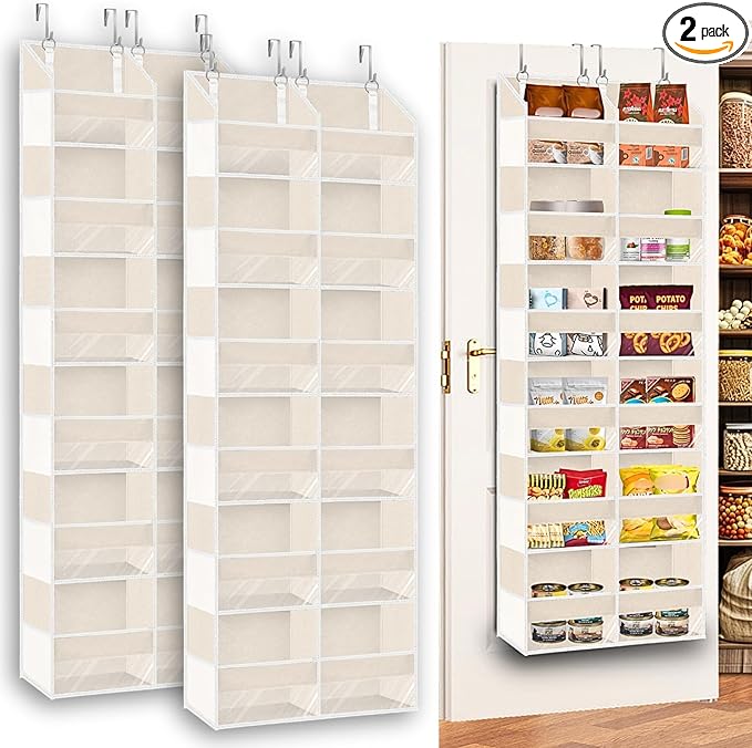 2 Pack Over The Door Organizer 6 Tiers, Extra Large Behind Door Storage of 12 Compartments, 80 lbs Weight Capacity Hanging Storage Organizer with Clear Window Kids Toys,Shoes (6 Tiers - Beige)