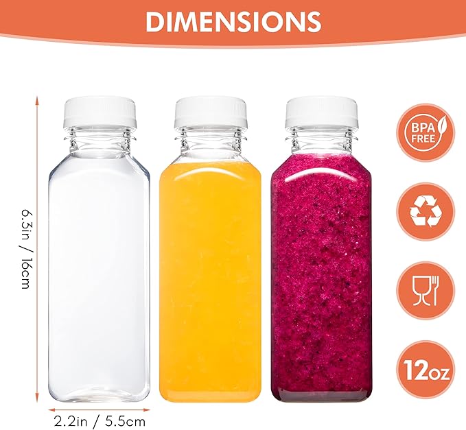 Norcalway Plastic Juice Bottles with Caps, Reusable Juicing Bottles, Clear Drink Containers with Lids for Juicing, Smoothie and Other Beverages - 12oz 6pcs