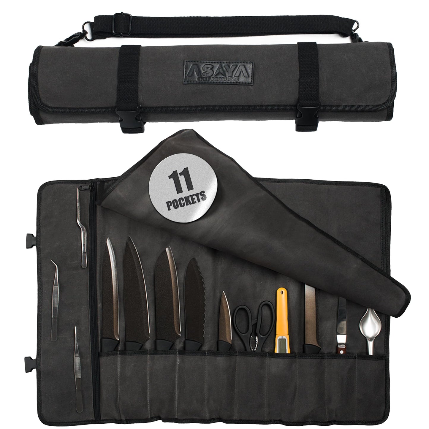 Asaya Waxed Canvas Chef Knife Roll Bag with 10 Slots and a Zipper Pocket - Professional Chef Knife Bag & Storage Case, with Shoulder Strap - Knives Not Included (Forest Green)