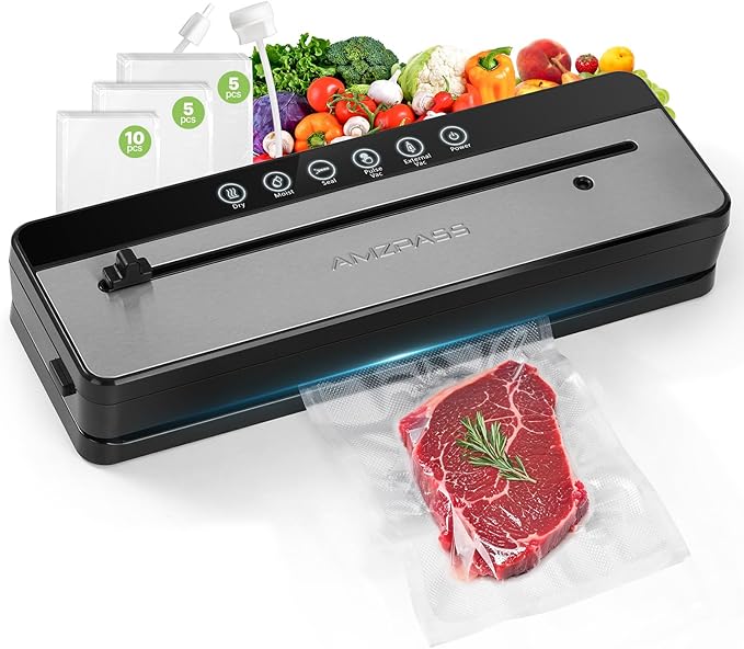 Amzpass Vacuum Sealer for Food, 6-in-1 Food Vacuum Sealer Machine, Built-in Cutter Food Sealer Vacuum Sealer, Compact Vacuum Sealers with 20 Vacuum Bags, External VAC for Jars & Containers, Black