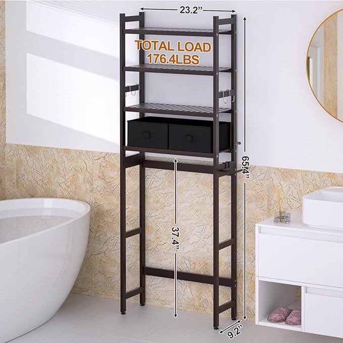 Over The Toilet Storage with 2 Baskets, 4-Tier Bamboo Organizer Rack with Paper Holder & 4 Hooks & Waterproof Feet Pad,Freestanding Shelf for Bathroom(Brown)