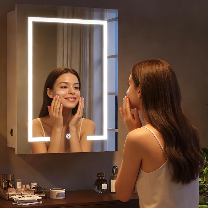 LED Lighted Bathroom Medicine Cabinet with Mirror, Bathroom Vanity Mirror with Storage, Wall-Mounted Storage Cabinet with Adjustable Shelves, Touch-Sensitive Control, 3 Color Lighting, White