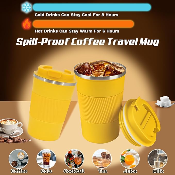Vacuum-Insulated Stainless Steel Travel Coffee Mug, Leak-Proof Reusable Coffee Cup with Lid-Keeps Drinks Hot & Cold for Hours, Durable Double Wall Tumbler for Men & Women (3rd-Yellow, 17OZ)