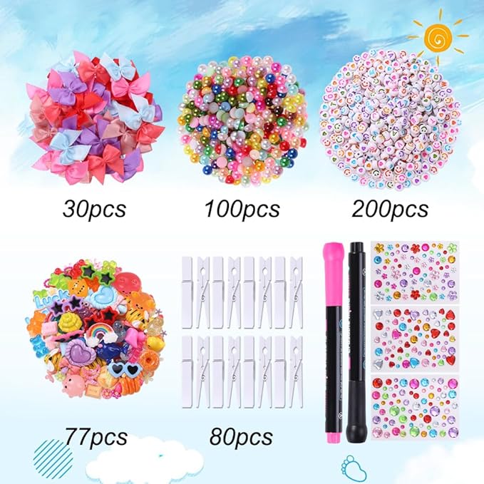 JOICEE 80 Set Cheer Pins Spirit Clips,Clothes pins Include 126 Mini Resin Animals Bows and Self Adhesive Stickers Pen 300 Beads Pearls for Backpacks Ribbon Team Classroom Cheer Gifts Bulk(White Wood)