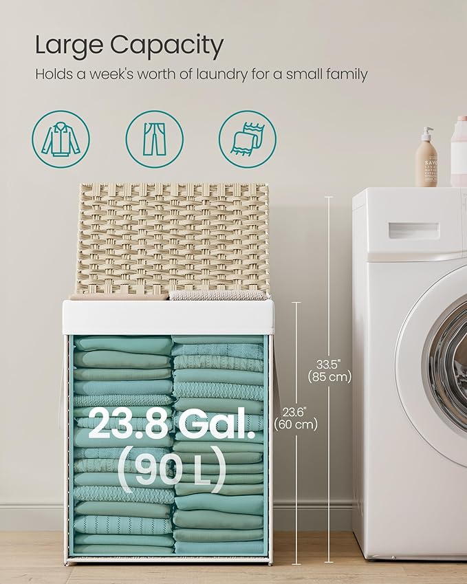 SONGMICS Laundry Hamper with Lid, 23.8 Gallon (90L) Synthetic Rattan Clothes Laundry Basket with Lid and Handles, Foldable, Removable Liner, Summer Sand ULCB051LZ01