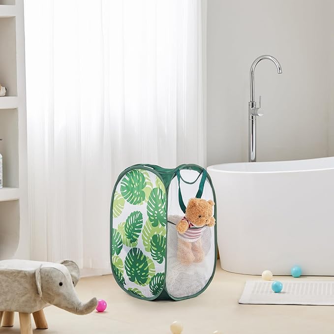 TECHMILLY Collapsible Mesh Pop Up Laundry Hamper with Sturdy Handles and Side Pocket - Portable Foldable Clothes Baskets for Dorm, Bathroom & Travel Storage (Green Leaf, 3 Packs)