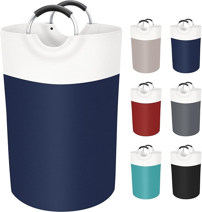 BlissTotes 75L Laundry Basket, Freestanding Laundry Hamper, Collapsible Dirty Clothes Hamper, Waterproof Fabric with Foam Protected Aluminum Handles for College, Dorm, Family (Blue)