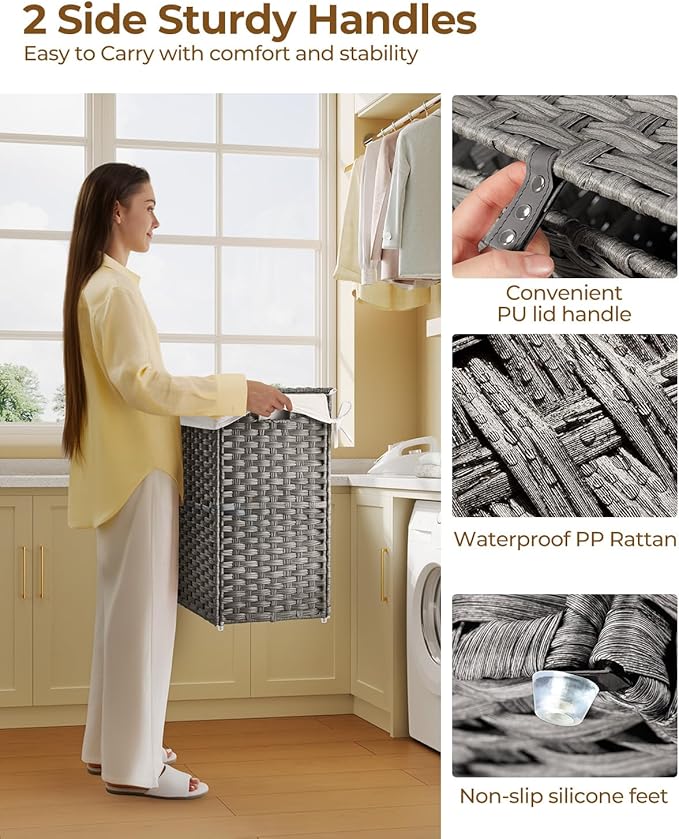 Greenstell Laundry Hamper with Lid, 90L Clothes Hamper with 2 Removable Liner Bags & 2 Mesh Laundry Bags, Handwoven Synthetic Rattan Laundry Basket for Clothes, Toys in Bathroom, Bedroom Grey