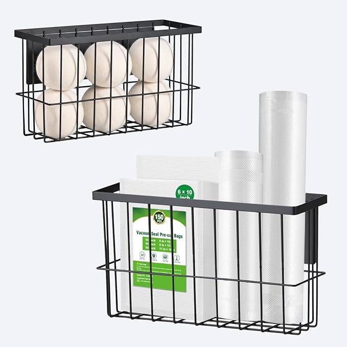 2 Pcs Magnetic Basket Fridge Dryer Ball Holder for Laundry Room Organization and Storage, Magnetic Lint Bin Home Organization for Laundry Room, Kitchen & Office Class School (Black, L&XL-2pcs)