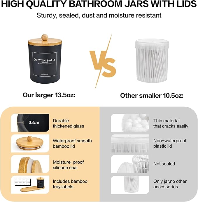 3 Pack Qtip Holder Bathroom Set with Tray,13.5oz Cotton Round Ball Pad Holder Cotton Swab Floss Pick Dispenser,Bathroom Organizers and Storage Container,Glass Apothecary Jars Canisters with Lids-Black
