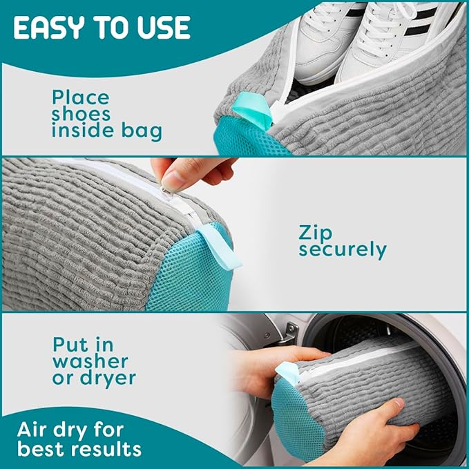 Shoe Washing Machine Bag - 2pcs - Laundry Shoe Bag for Washer and Dryer - 2pc Reusable Sneaker Cleaning Sack for All type of Tennis - Reinforced Zipper, 360° Deep Cleaning (Gray)
