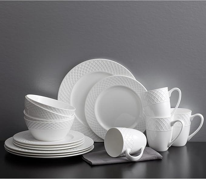 Mikasa Trellis 16-Piece Bone China Dinnerware Set, White, Includes Dinner Plates, Salad Plates, Cereal Bowls and Mugs, Dishwasher Safe