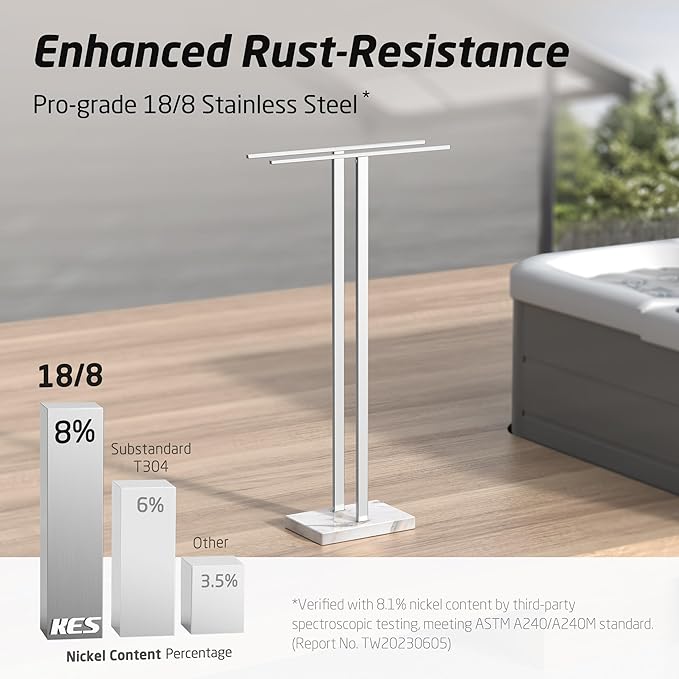 KES Standing Towel Rack with Marble Base, 37" H (Equal Height) Free Standing Towel Racks for Bathroom Floor, Fits Large Bath Towel, 18/8 Stainless Steel Polished Finish, BTH229