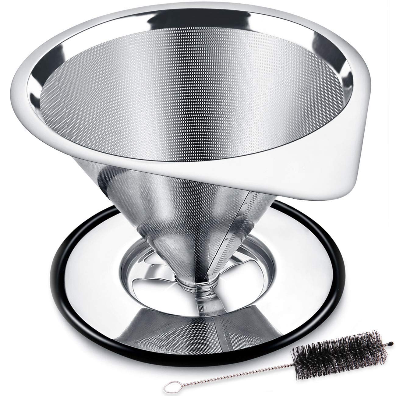 LHS Pour Over Coffee Dripper Stainless Steel Coffee Filter Metal Cone Filter Paperless Reusable Coffee Filter Single Cup Coffee Maker 1-4 Cup With Non-slip Cup Stand and Cleaning Brush