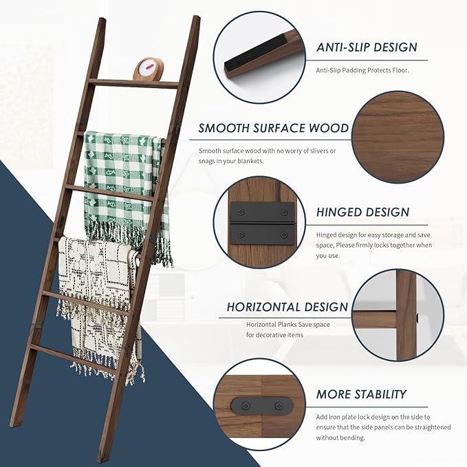 Acacia Wood 6-Tier Blanket Ladder, 5.7FT(66.5'') Blanket Quilt Towel Holder Rack Decorative Ladder Wooden, Easy Assembly, Rustic Farmhouse Ladder Shelf for the Living Room Bedroom Bathroom Home Decor