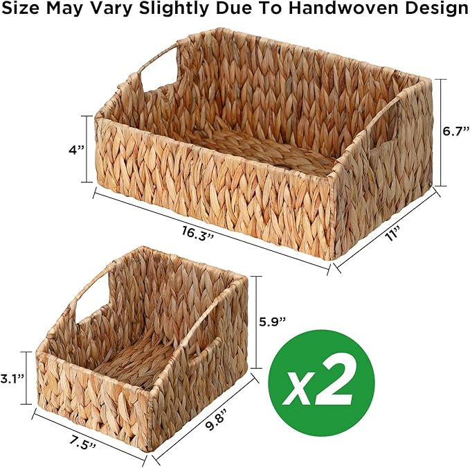 Ollieroo Rattan Storage Baskets, Handwoven Wicker Storage Bins with Built-in Handles, Storage Container Baskets for Shelves, Bedroom, Bathroom, Laundry Room or Kitchen(Natural)