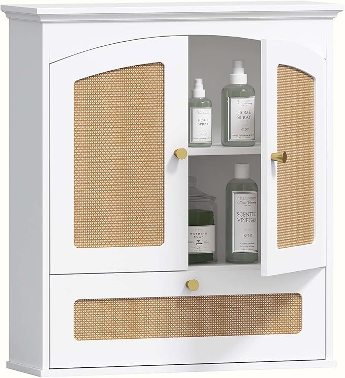 Spirich Bathroom Cabinet Wall Mount, Boho Medicine Cabinet for Bathroom, Over The Toilet Storage Cabinet with Rattan Doors and Tilt-Out Cube