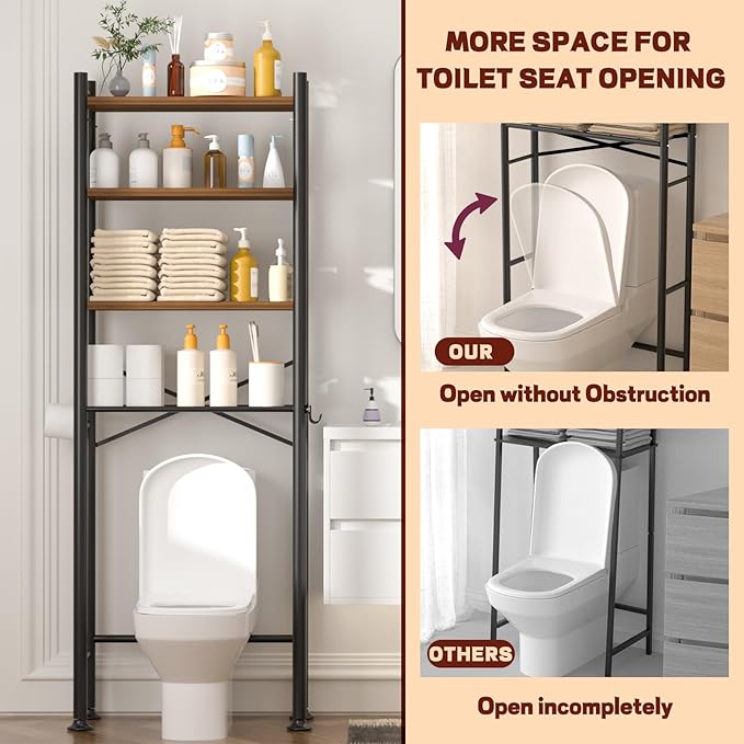 4-Tier Over-The-Toilet Storage Rack, Bathroom Organizer Shelf Over Toilet with Adjustable Shelf, Freestanding Space Saver Bathroom Shelves Above Toilet for Room (Black-Round)