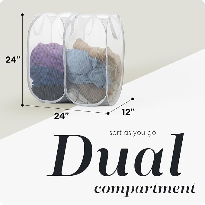 Handy Laundry Mesh Popup Hamper - Two Compartments, Collapsible for Storage and Easy to Open. Folding Pop-Up Clothes are Great for The Kids Room, College Dorm or Travel. (White)