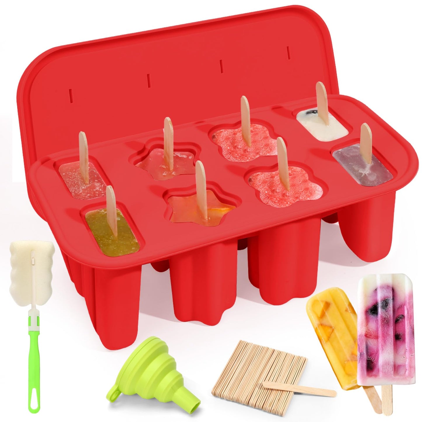 Firstfooby Popsicles Molds, 8-Cavity Silicone Popsicle Molds with 50 Sticks, BPA-Free Ice Pop Mold Popsicle Maker with Funnel & Cleaning Brush for Kids Adult Teens
