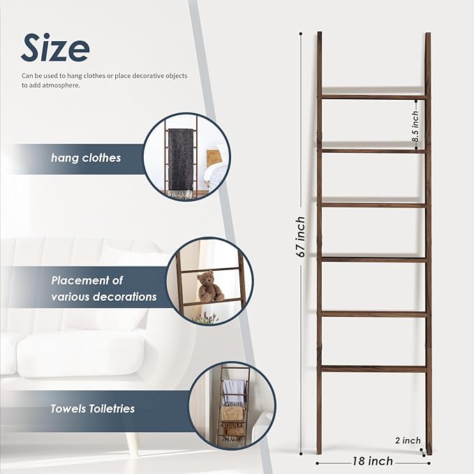 Acacia Wood 6-Tier Blanket Ladder, 5.7FT(66.5'') Blanket Quilt Towel Holder Rack Decorative Ladder Wooden, Easy Assembly, Rustic Farmhouse Ladder Shelf for the Living Room Bedroom Bathroom Home Decor