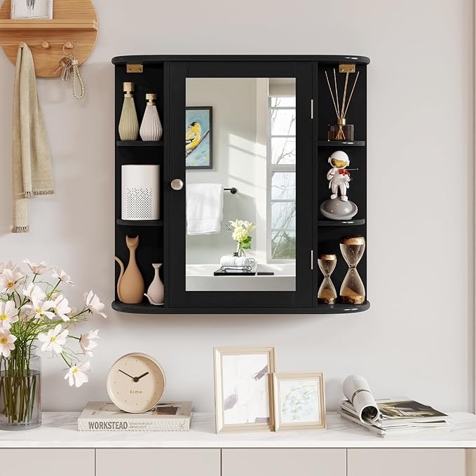 Tangkula Bathroom Medicine Cabinet with Mirror, Modern Wall Mounted Space-Saving Storage Organizer with Mirrored Door, 4 Internal Shelves & 6 Open Side Shelves, Bathroom Wall Cabinet (Black)
