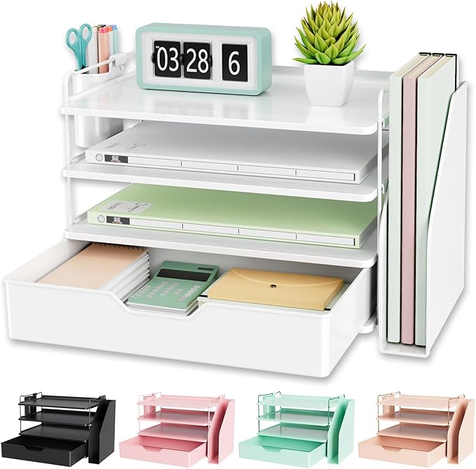 Kitsure Desk Organizer - 4-Tier Office Desk Accessories with Drawer ＆ Pen Holder, Tool-Free Assembly Organizer with Non-Slip Pads, for Office Supplies Storage, Plastic, 13.3" x 8.0" x 10.8", White