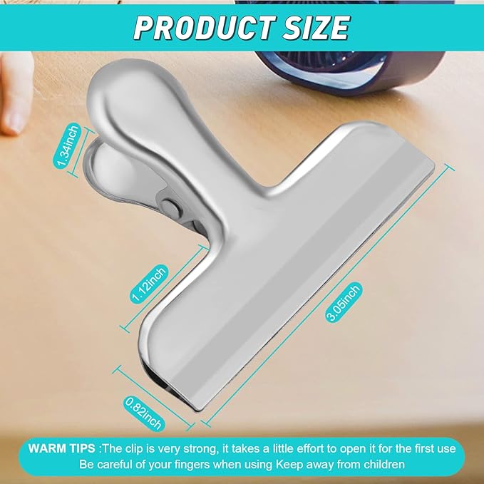 Funfery Silver Large Chip Clips for Food Packages, 3 Inch Wide Bag, Food,Kitchen Clips for Snack, Kitchen Home Metal Chip for Organization, Office Heavy Duty Paper Clamps(8 Pack)
