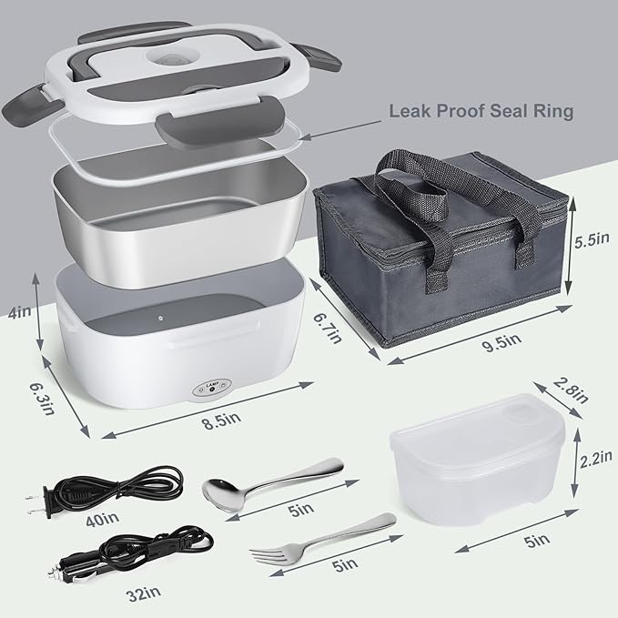 Vabaso Electric Lunch Box Food Heater, 80W Electric Heating Lunch Boxes Lunch for Car/Men/Adults/Home/Work, 1.5L Removable 304 Stainless Steel Container, 110V/12V/24V, with Fork & Spoon