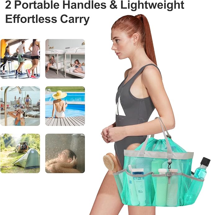 F-color Mesh Shower Caddy Portable with Drawstring - Large 8 Pockets Dorm Room Essentials for Guys Girls with S Hook, Shower Bag Basket Tote for College Camping Gym Travel Bathroom, Mint Green
