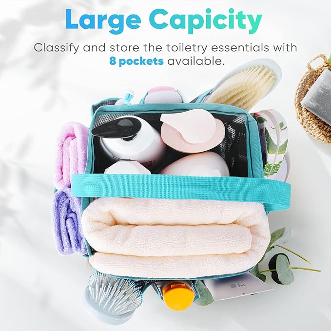EUDELE Mesh Shower Caddy Portable for College Dorm Room Essentials, 8-Pocket Large Capacity Shower Bag for Beach, Swimming, Gym Pack