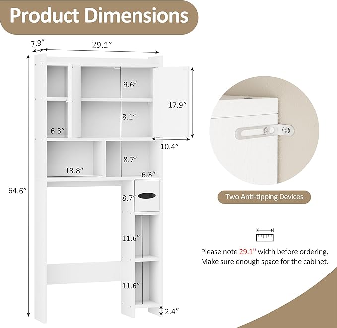 Meilocar Over The Toilet Storage Cabinet, Freestanding Storage Cabinet Over Toilet, Bathroom Storages Organizer Cabinets with Toilet Paper Holder Stand and Adjustable Shelf, White