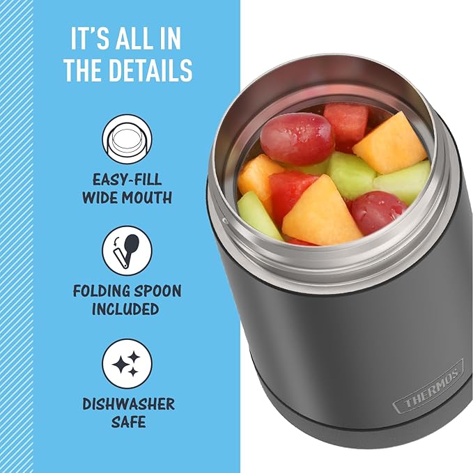 THERMOS FUNTAINER Insulated Food Jar, 16 Ounce, Kid Friendly Food Jar with Foldable Spoon, Matte Black