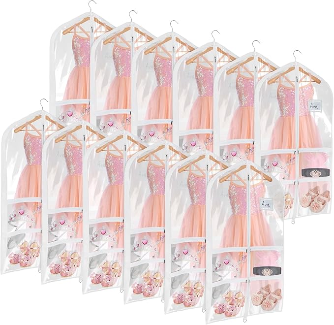 Univivi Clear PVC Dance Costume Bags (12 Pack) Garment Bag 40 Inch for Dance Competitions, with 4 Medium Clear Zipper Pockets and 1 Large Back Zippered Pocket (40'' x 24'' 12 Pack)