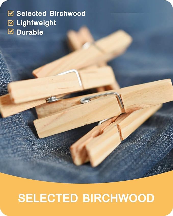 Clothes Pins, Wooden Clothespins for Crafts, Strong Grip Close Pins Birchwood Clothes Clips Laundry Clothesline Clothespin Clothing Pegs for Hanging Baby Clothing Photos, 2.83 Inch, Pack of 50